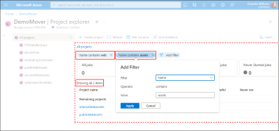 Image of the Project Explorer's Overview tab within the Azure portal illustrating the use of filters.