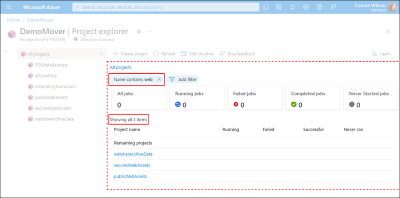 Image of the Project Explorer's Overview tab within the Azure portal highlighting the use of filters.