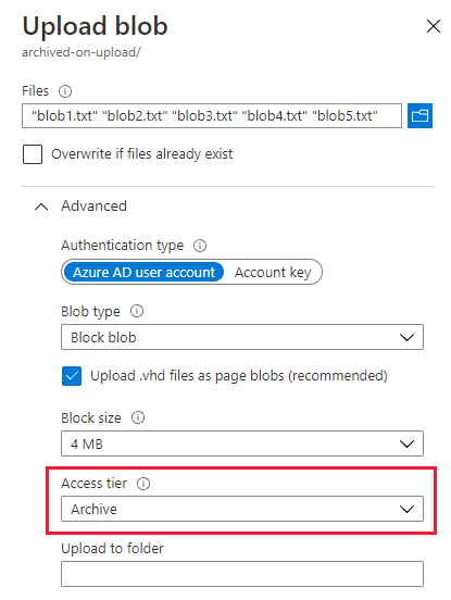 Azure portal で BLOB をアーカイブ アクセス層にアップロードする方法を示すスクリーンショット