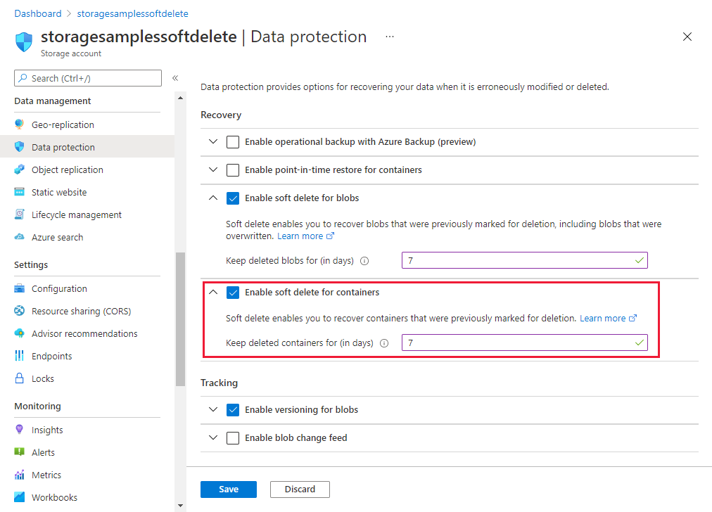 Screenshot showing how to enable container soft delete in Azure portal