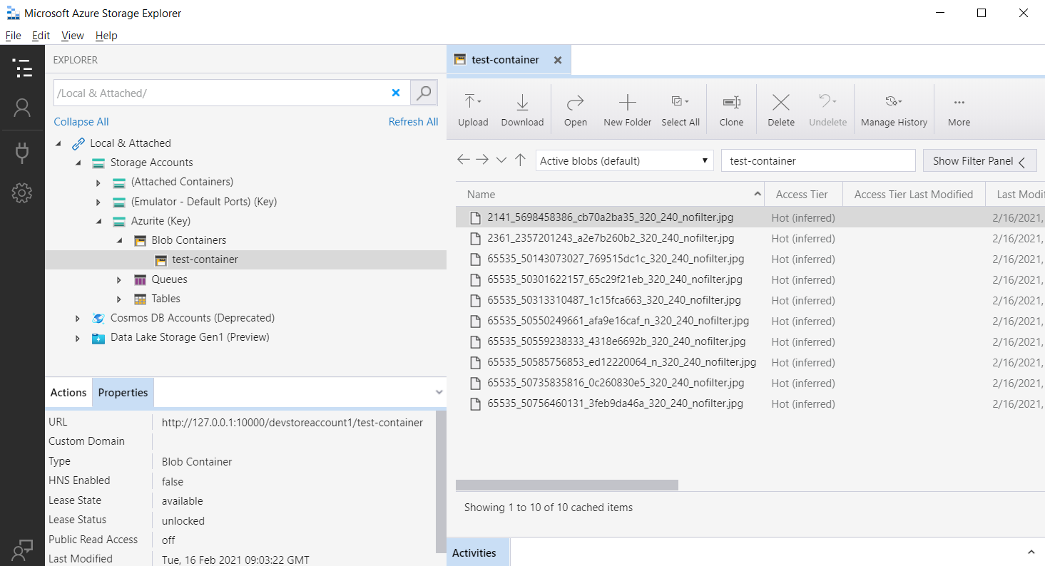 テストによって生成されたファイルを表示している Azure Storage Explorer のスクリーンショット。