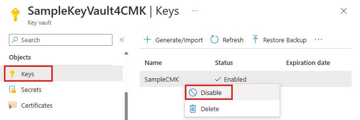Screenshot showing how to disable a customer-managed key in the key vault.
