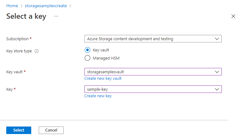 Screenshot showing how to select key vault and key in Azure portal.