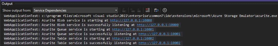 ASP.NET プロジェクトを Azurite エミュレーターに接続した後の出力を示すスクリーンショット。