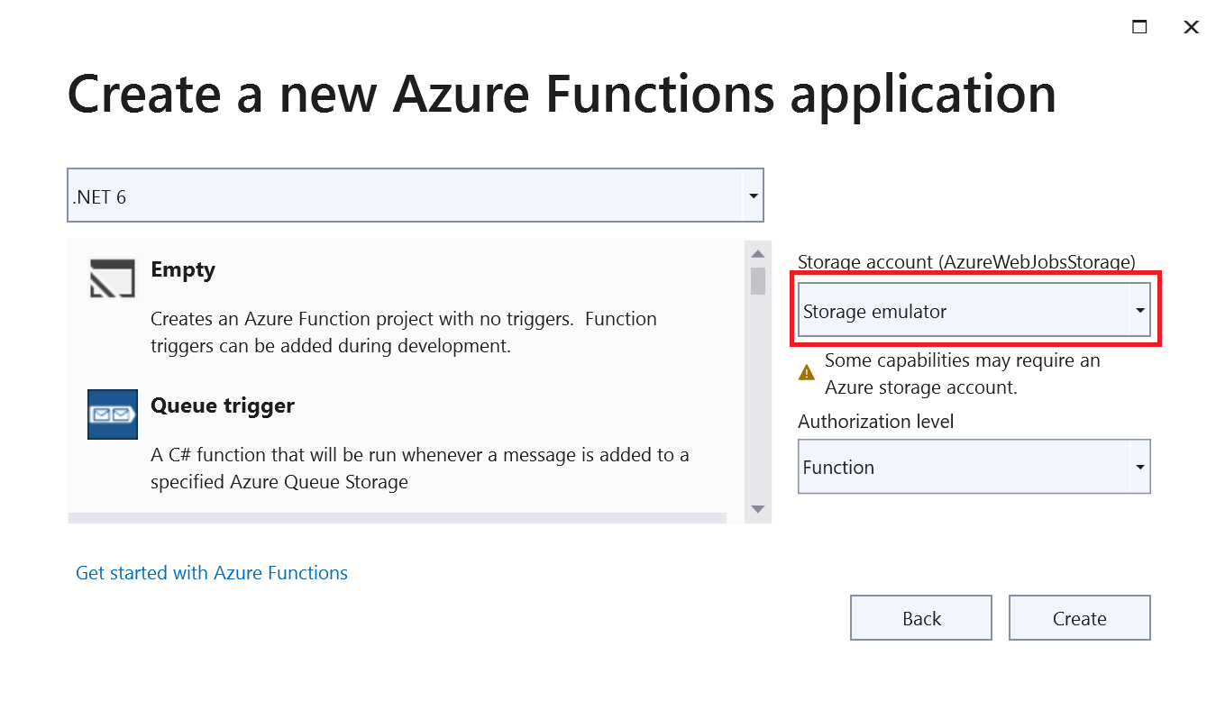 Azure Functions プロジェクトの [ストレージ エミュレーター] オプション