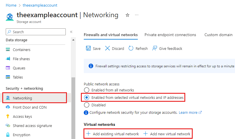 Screenshot of the Azure portal giving the option to add an existing or new virtual network to the storage account.