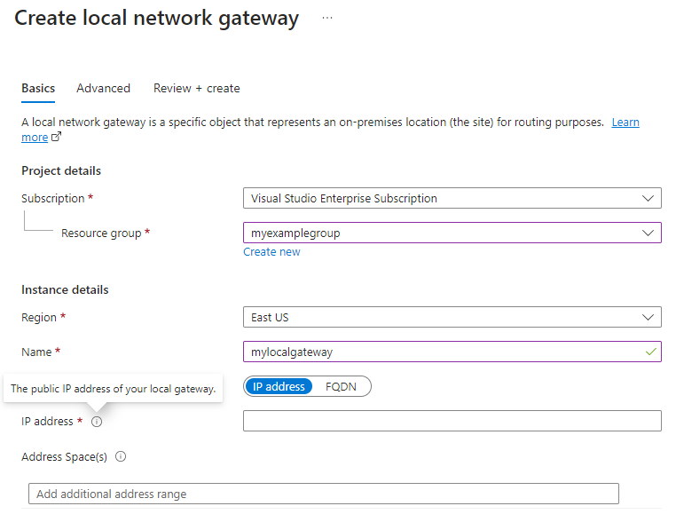 Azure portal を使用してローカル ネットワーク ゲートウェイを作成する方法を示すスクリーンショット。