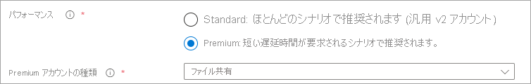 [Premium] が選択された [パフォーマンス] オプション ボタンと、FileStorage が選択されたアカウントの種類のスクリーンショット。