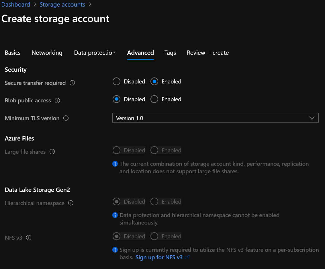 Azure ポータル内の詳細設定の画面キャプチャ