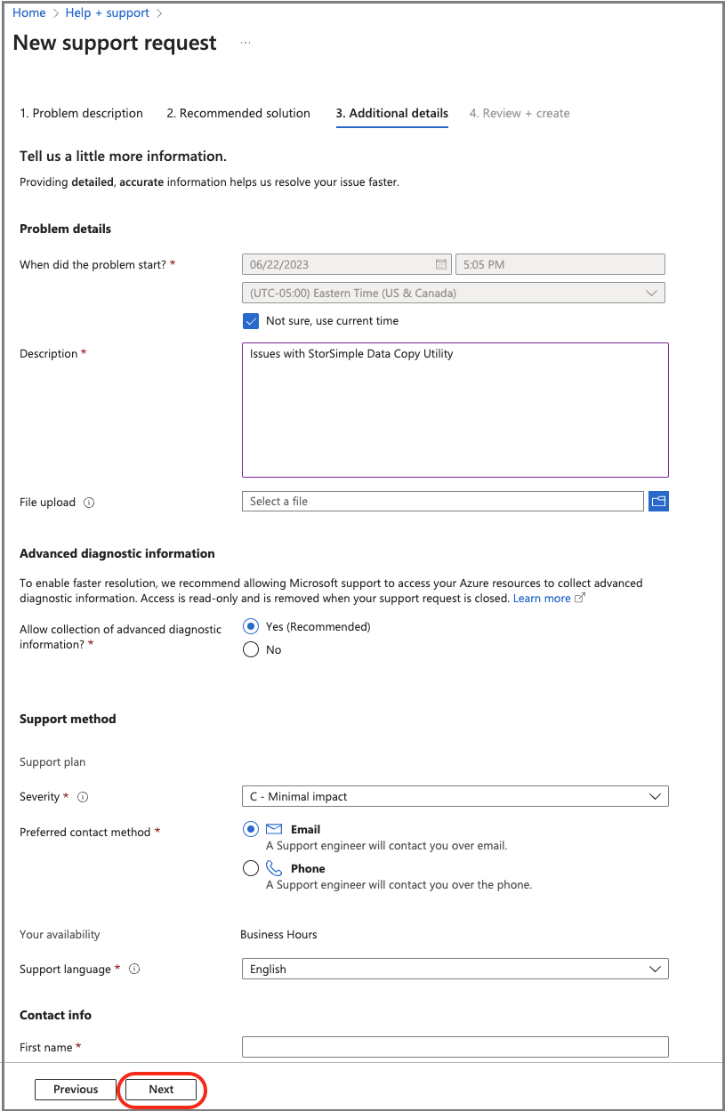 Azure portalのサポートの詳細のスクリーンショット。