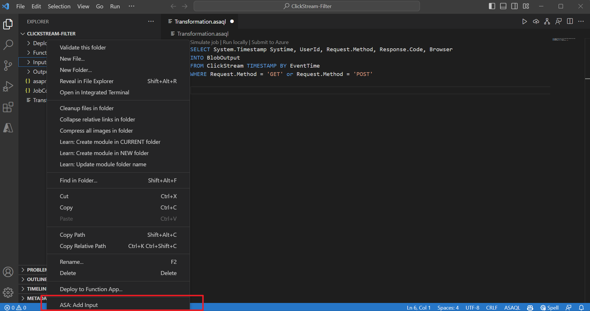 Visual Studio Code の [ASA: 入力の追加] メニューを示すスクリーンショット。