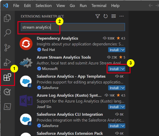 Visual Studio Code の [拡張機能] ページと Stream Analytics 拡張機能をインストールするオプションを示すスクリーンショット。