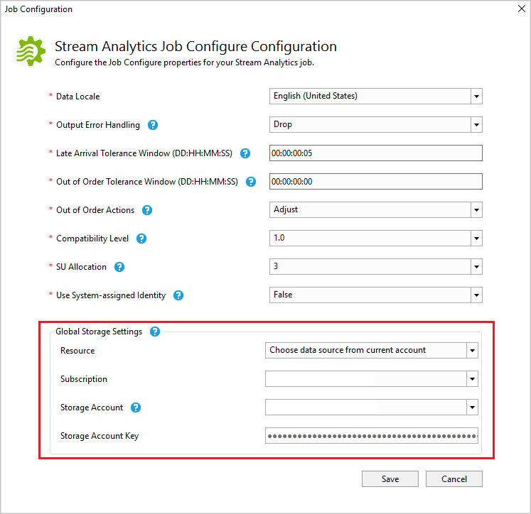 Stream Analytics Job Configure Configuration is shown with default values. The Global Storage Settings are highlighted.