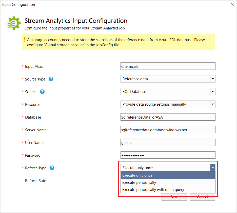 In Stream Analytics Input Configuration, values are entered or selected from drop-down lists.