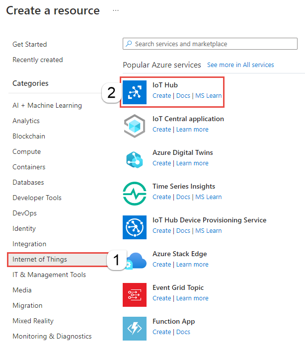 Screenshot showing the IoT Hub menu on the Create a resource page.