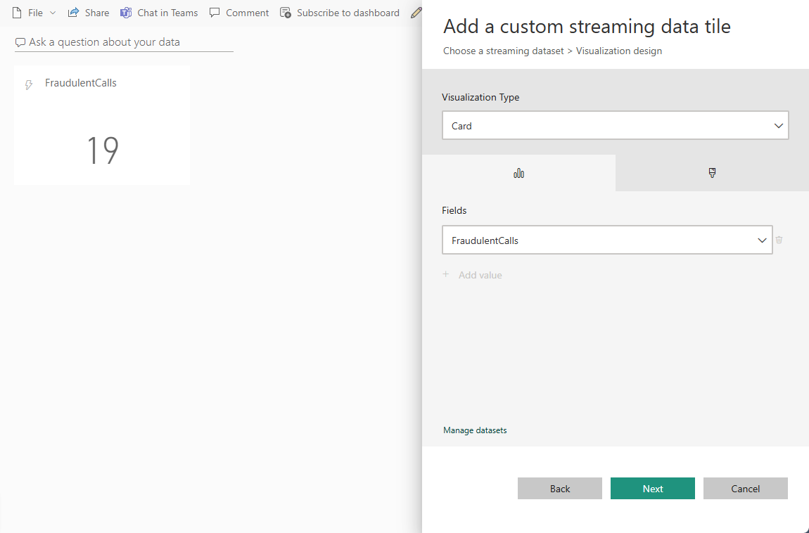 Power BI ダッシュボードのグラフ設定を示すスクリーンショット。