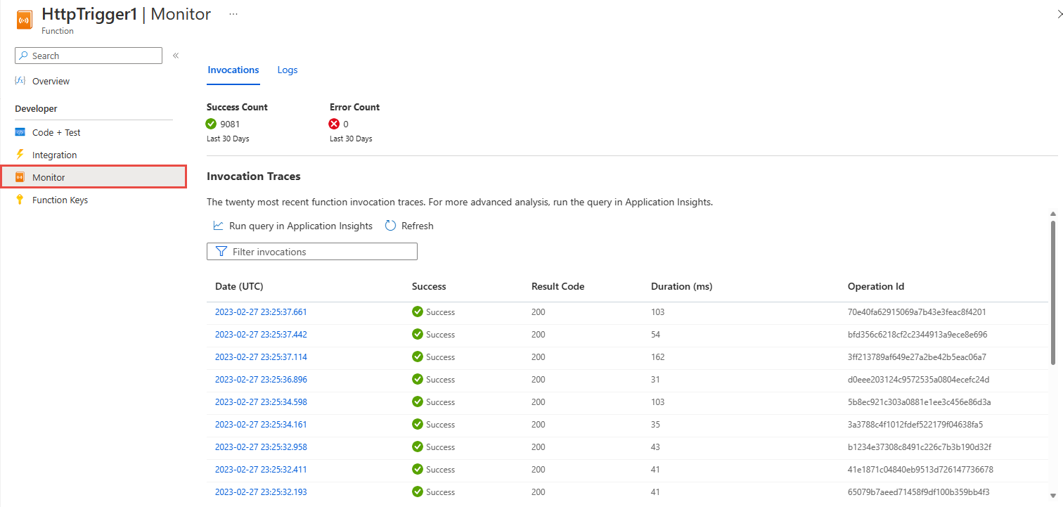 Screenshot showing the Monitor page for Azure Functions with function invocations.