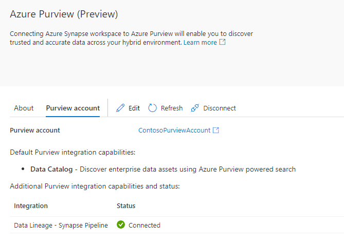 Azure Synapse と Microsoft Purview の統合状態を監視するスクリーンショット。