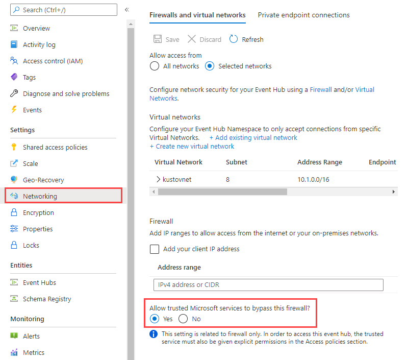 Screenshot of the Event Hub networking page, showing the selection of allowing access to trusted services.