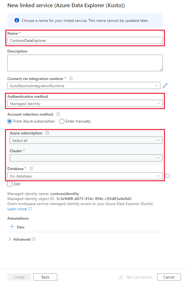 Screenshot of the new Linked services details pane, showing the fields that need to be completed for the new service.