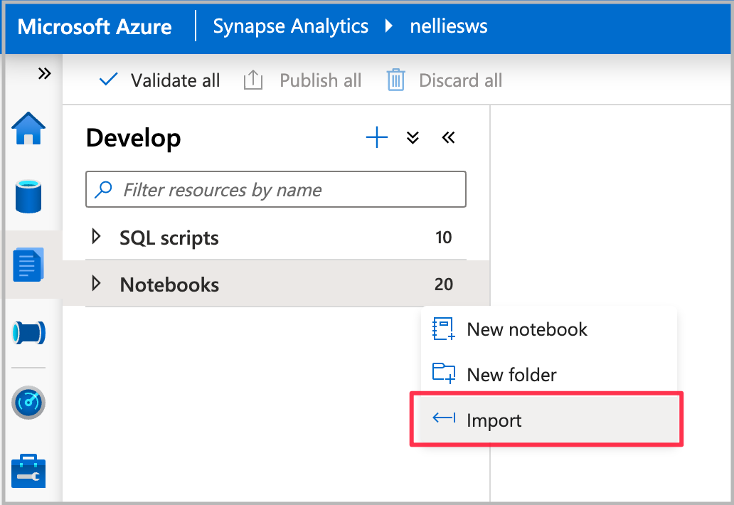 Screenshot of Azure Synapse Analytics, with the Import option highlighted.