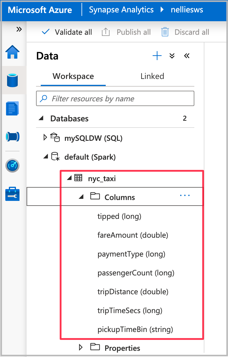 Screenshot of the Azure Synapse Analytics Data tab, with the new table highlighted.