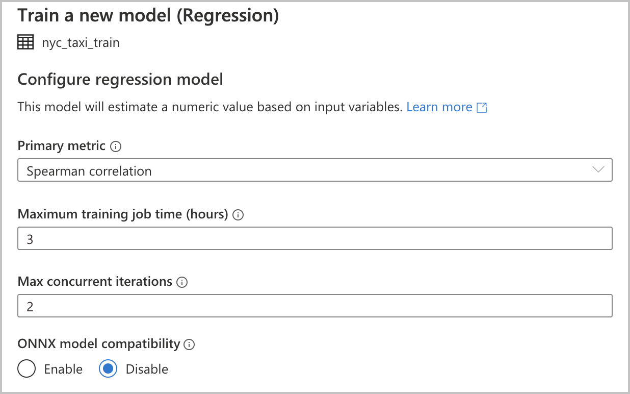 Screenshot of additional configurations for configuring a regression model.