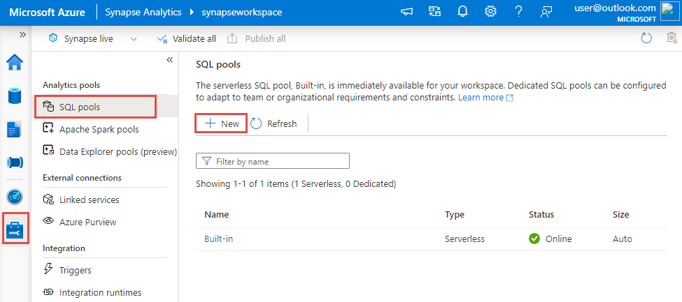 Synapse Studio から新しい Azure Synapse SQL 専用プールを作成する方法を示すスクリーンショット。