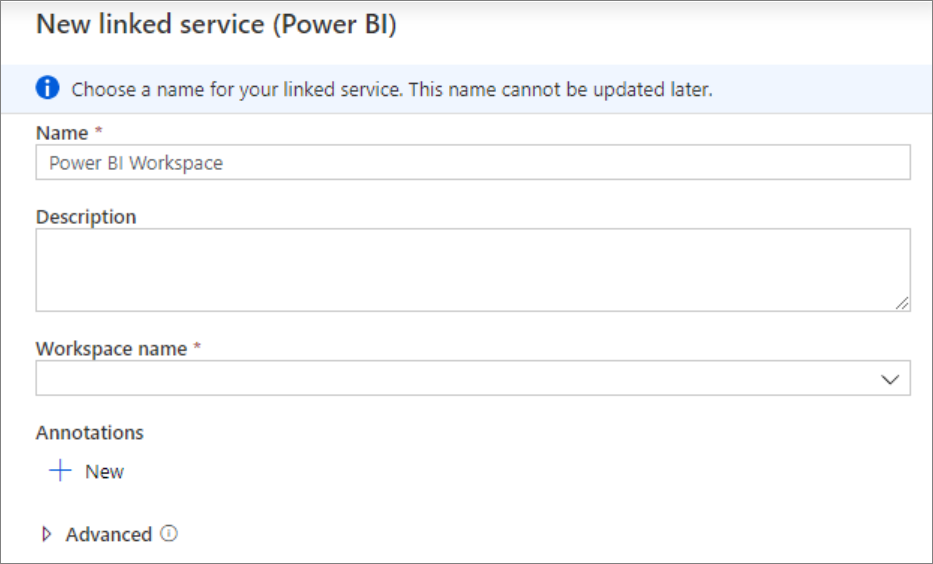 Displaying Power BI linked service setup.