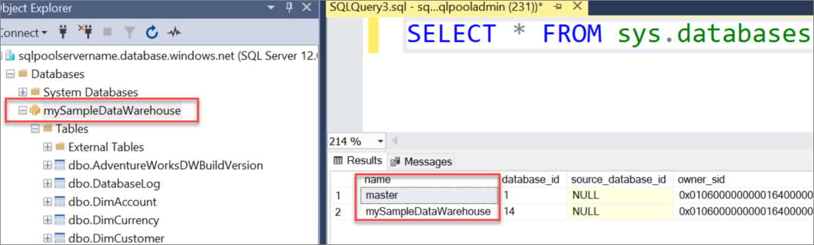 SQL Server Management Studio (SSMS) のスクリーンショット。SSMS のデータベースにクエリを実行し、結果セットに master と mySampleDataWarehouse が表示されています。
