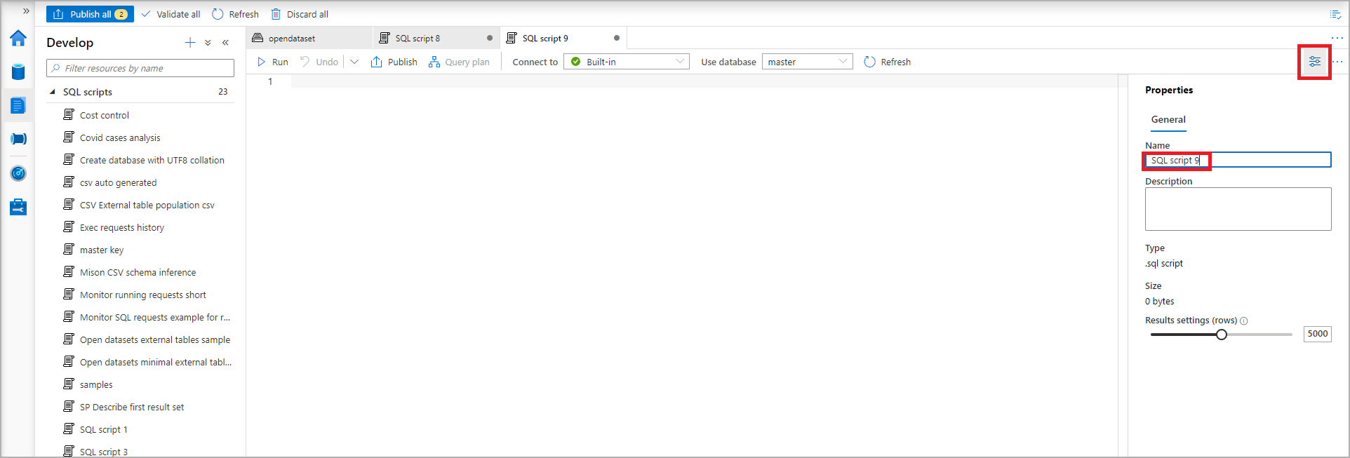 SQL スクリプトのプロパティのペインを示すスクリーンショット。