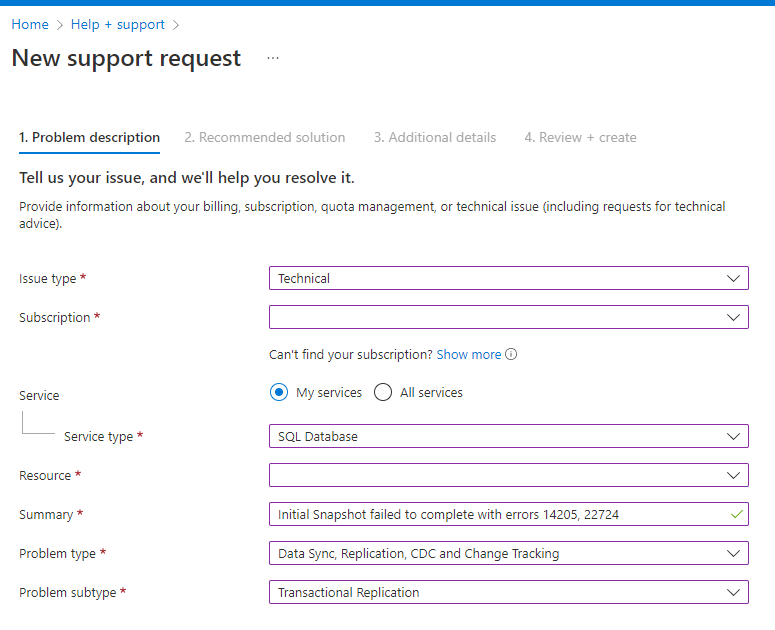 新しいサポート リクエストが準備された Azure portal のスクリーンショット。