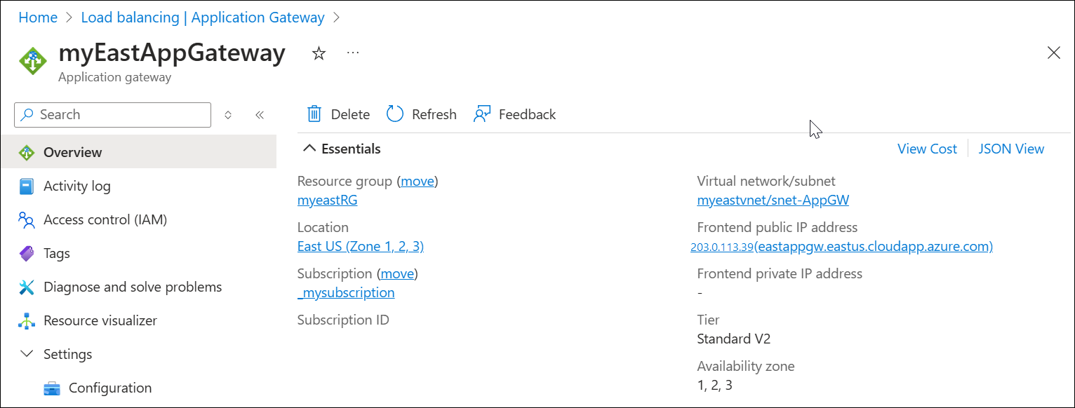 アプリケーション ゲートウェイの作成のスクリーンショット。