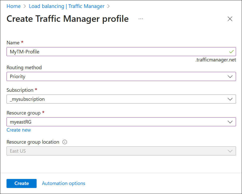 Traffic Manager プロファイルの作成のスクリーンショット。