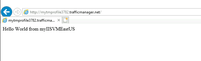 米国東部の場合に Web ブラウザーで Traffic Manager プロファイルを表示する画面のスクリーンショット。