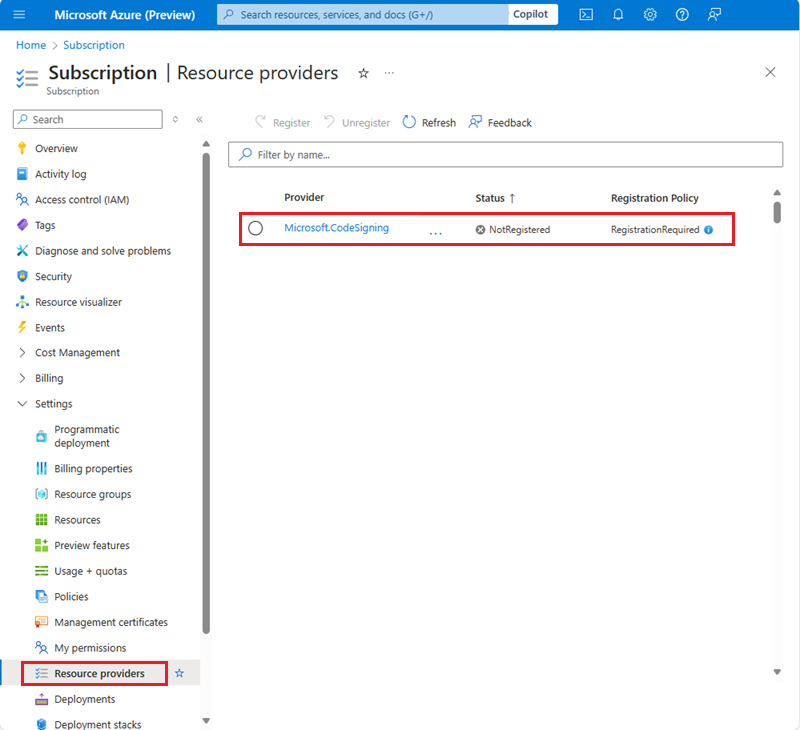 trusted-signing-resource-provider-registration のスクリーンショット。