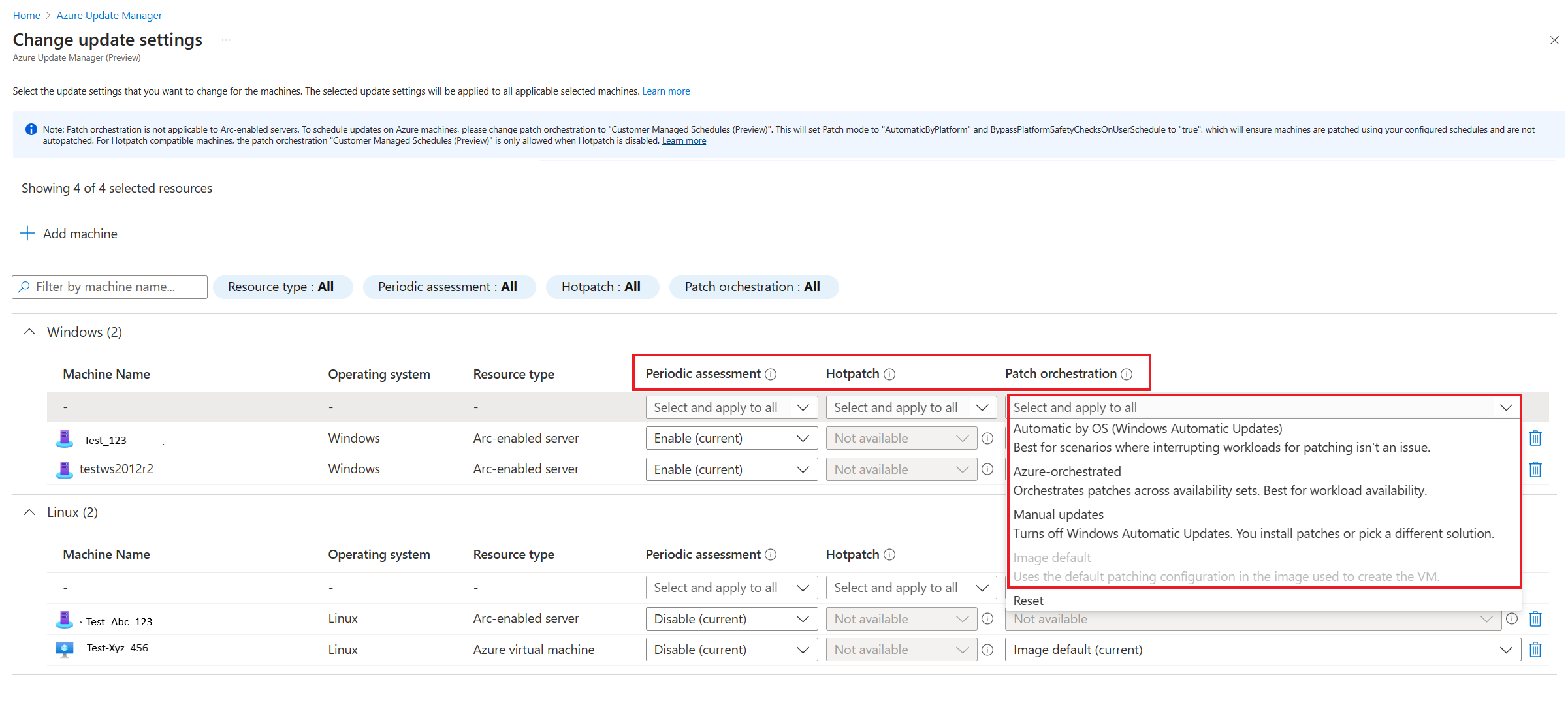 Screenshot that shows highlighting the Update settings to change option in the Azure portal.