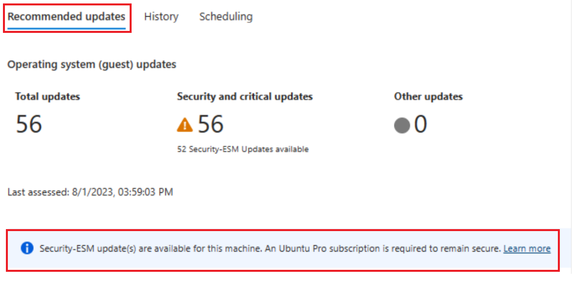 Screenshot of recommendation to subscribe to Ubuntu Pro in Azure Update Manager.