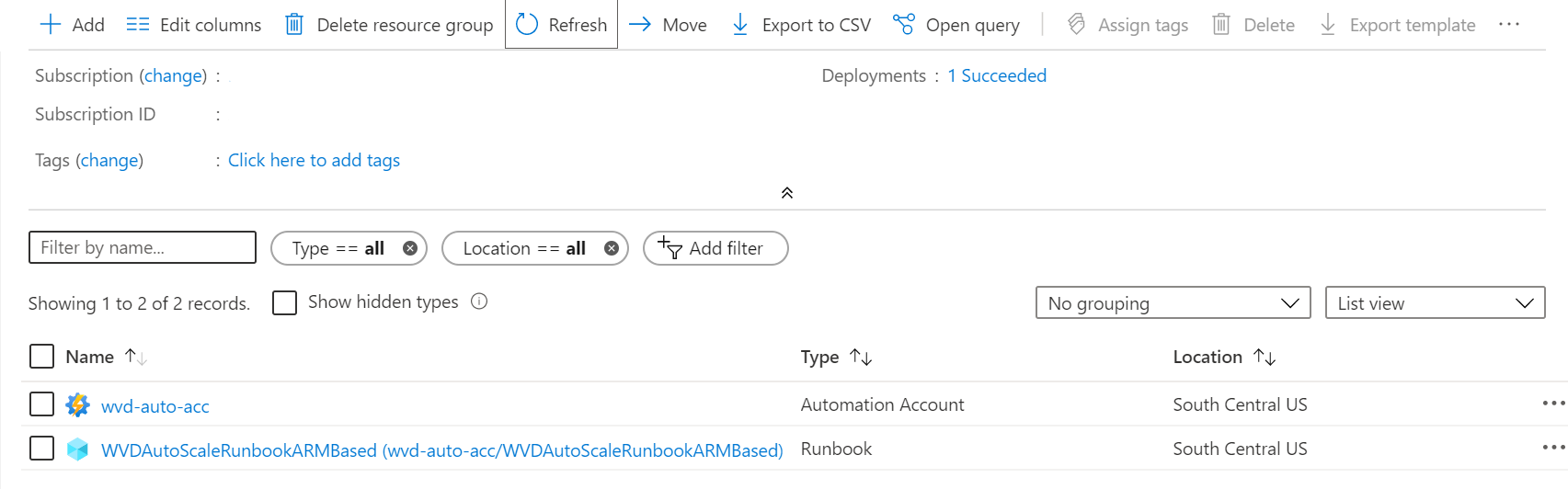 新しく作成した Azure Automation アカウントと Runbook を示す Azure の概要ページの画像。