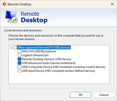 リモート セッションに接続したときのWindows Appのローカル デバイスとリソース ダイアログ ボックスを示すスクリーンショット。