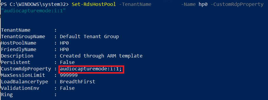 A screenshot of PowerShell cmdlet Get-RDSRemoteApp with Name and FriendlyName highlighted to edit a custom R D P property.
