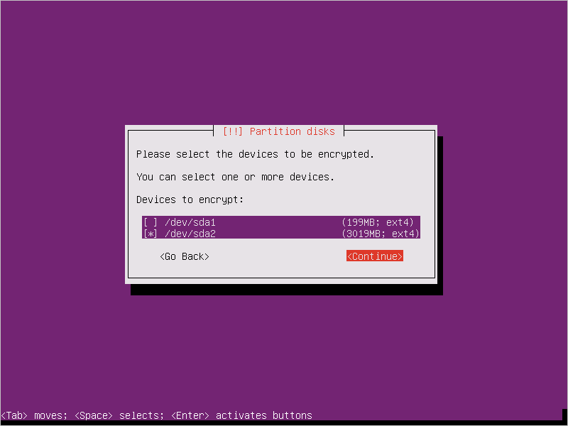 Ubuntu 16.04 のセットアップ - 暗号化するデバイスの選択