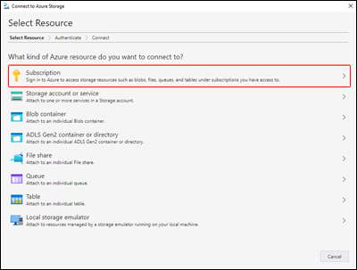 Azure Storage Explorer のスクリーンショット。[Subscription]\(サブスクリプション\) オプションの位置を強調表示している。