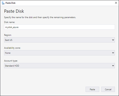 Azure Storage Explorer の [Paste Disk]\(ディスクの貼り付け\) フォームのスクリーンショット。