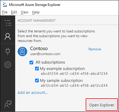 Azure Storage Explorer のスクリーンショット。[Open Explorer]\(Explorer を開く\) ボタンの位置を強調表示している。