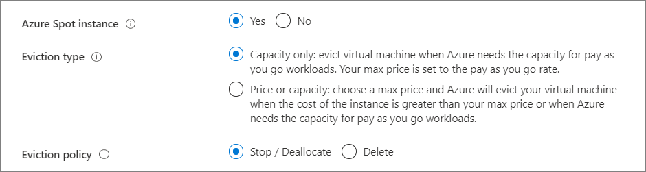 [no, don't use an Azure spot instance]\(はい、Azure スポット インスタンスを使用します\) を選択する画面のキャプチャ