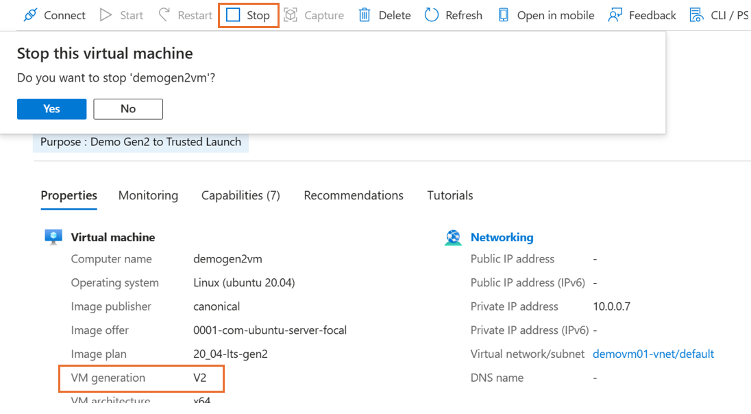 割り当てを解除する Gen2 VM のスクリーンショット。