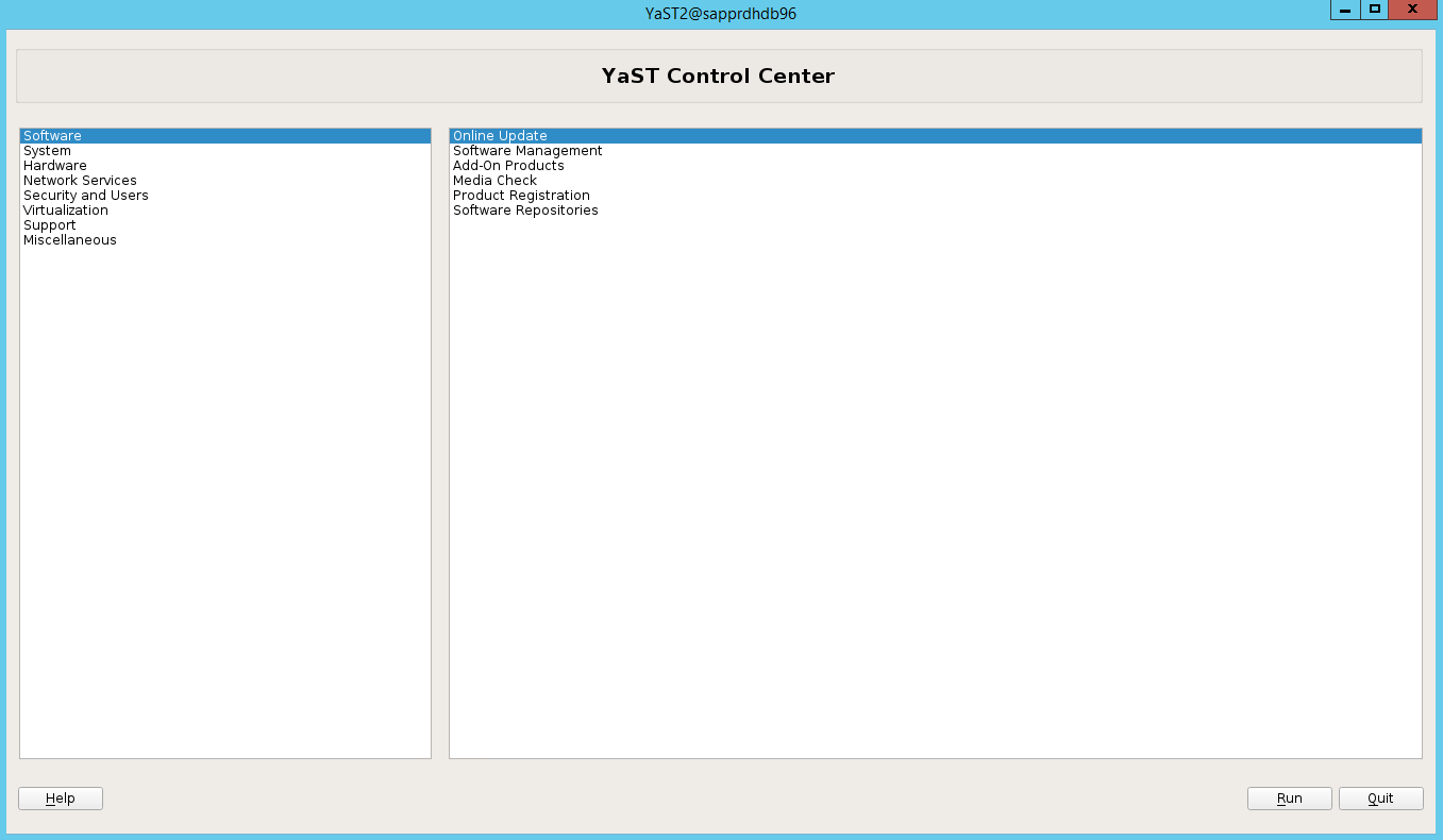 [Software]\(ソフトウェア\) と [Online Update]\(オンライン更新\) が選択された YaST Control Center を示すスクリーンショット。