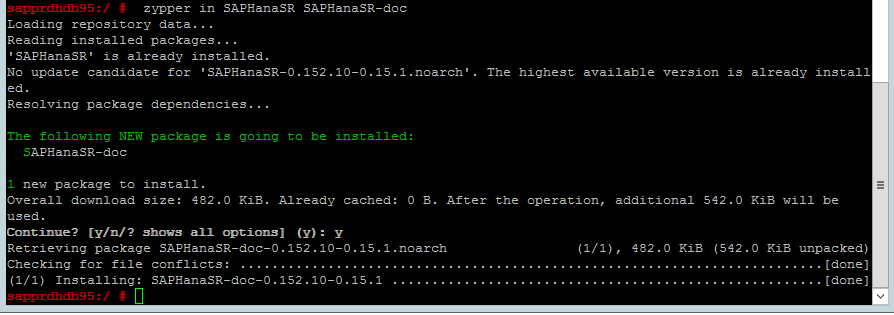 SAPHanaSR-doc コマンドの結果が表示されたコンソール ウィンドウを示すスクリーンショット。