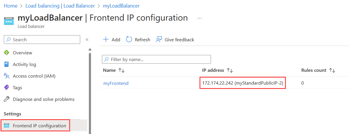 新しいパブリック IP アドレスを示すロード バランサーの [フロントエンド IP の構成] ページのスクリーンショット。